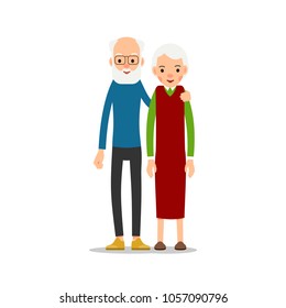 Old couple. Two aged people stand. Elderly man and woman stand together and hug each other. Illustration isolated on white background in flat style.
