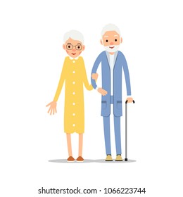 Old couple. Two aged people stand. Elderly man and woman stand together and hug each other. Illustration isolated on white background in flat style.
