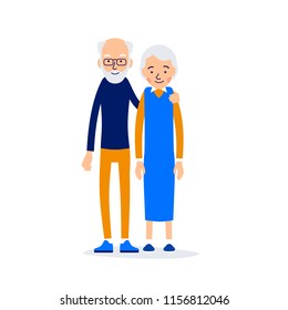 Old couple. Two aged people stand. Elderly man and woman stand together and hug each other. Illustration isolated on white background in flat style.
