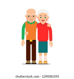 Old couple. Two aged people stand. Elderly man and woman stand together and hug each other. Illustration isolated on white background in flat style.