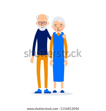 Old couple. Two aged people stand. Elderly man and woman stand together and hug each other. Illustration isolated on white background in flat style.