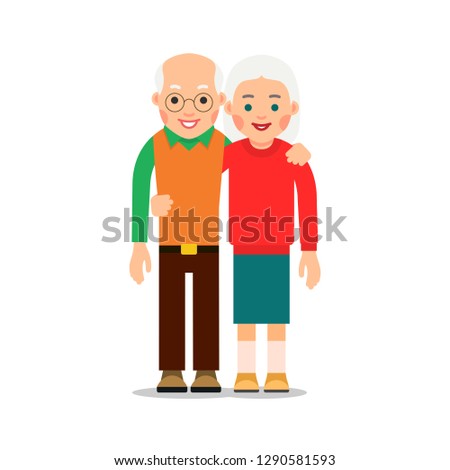Old couple. Two aged people stand. Elderly man and woman stand together and hug each other. Illustration isolated on white background in flat style.