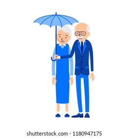 Old couple under umbrella. An elderly man stands and holds an umbrella over an elderly woman. Illustration of people characters isolated on white background in flat style.