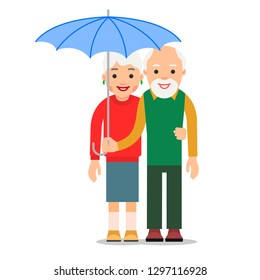 Old couple under umbrella. An elderly man stands and holds an umbrella over an elderly woman. Illustration of people characters isolated on white background in flat style.