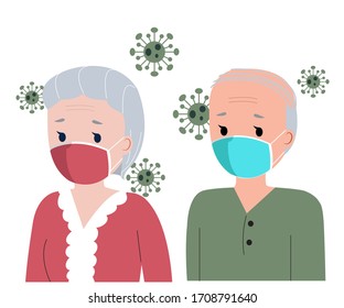 Old couple using mask to avoid corona virus. Flat style illustration vector isolated on white