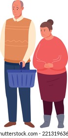 Old couple waiting for cashier checkout in supermarket line isolated on white background