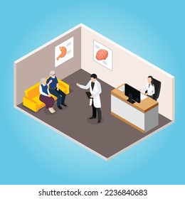 Old couple waiting in Clinic reception isometric 3d vector illustration concept for banner, website, illustration, landing page, flyer, etc.