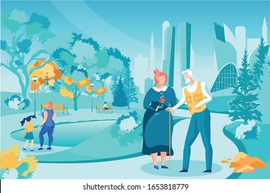 Old Couple Walk Together in their Favorite Park. Woman Holds in Hands Gift from her Husband, Beautiful Rose. There Benches by Path in Park, Tall Trees Grow. Other Residents City also Went for Walk.