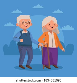 old couple walking with cane active seniors characters vector illustration design