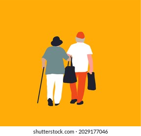 Old couple walking with a cane and shopping bag. Isolated flat vector illustration. Happy old man and woman enjoying retirement money concept.