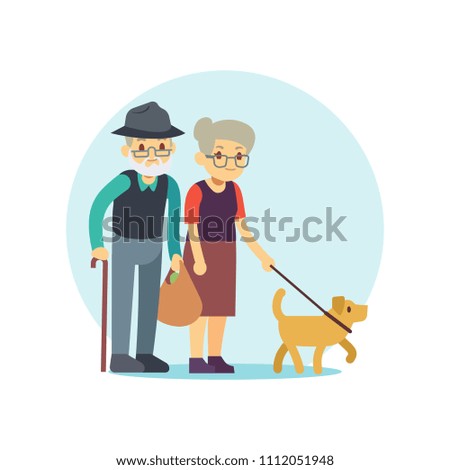 Old couple walking with cute dog. Eldery family cartoon character. Vector illustration