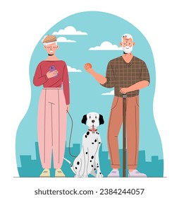 Vieja pareja caminando con perro. Hombre mayor y mujer con dálmata. Estilo de vida activo y ocio. Propietarios con animales domésticos en el exterior. Pensionistas con mascota. Dibujo vectorial plano de dibujos animados