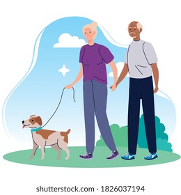 Old Couple Walking With Dog Pet In The Park Vector Illustration Design