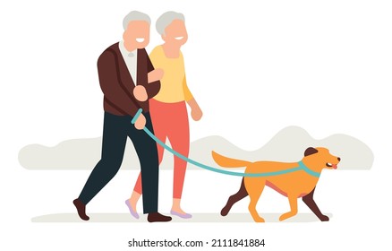 Old couple walking dog. Seniors going outside