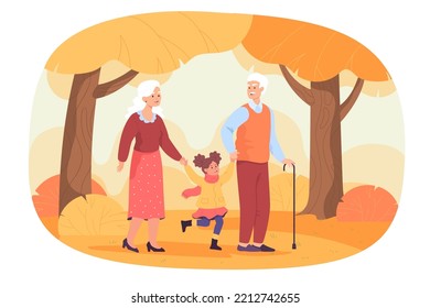 Old couple walking with happy child in autumn park. Granddaughter holding hands of grandfather and grandma flat vector illustration. Family, autumn, old age concept for banner or landing web page