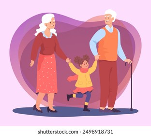 Old couple walking with happy child. Granddaughter holding hands of grandfather and grandma flat vector illustration. Family, old age concept for banner or landing page