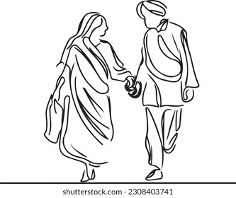 Pareja vieja caminando sosteniendo el vector de arte de la línea de mano 