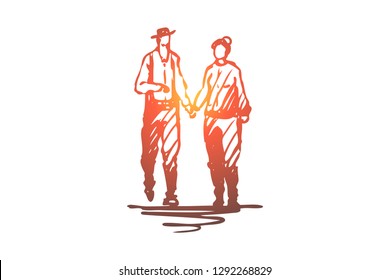Old, couple, walking, love, together concept. Hand drawn senior couple walking together concept sketch. Isolated vector illustration.