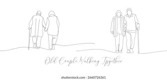 Vieja pareja caminando juntos Dibujo continuo de una línea