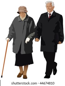 An old couple walking together. Lady has a stick in her hand. Vector color  illustration.