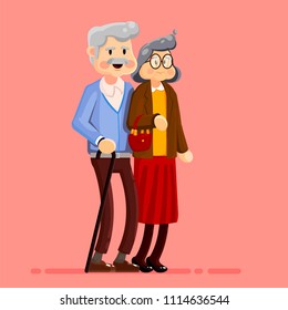 Old couple walk.Pensioners husband and wife together walk. Aged love people. Grandparents isolated. Vector illustration in a cartoon style.