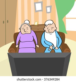 Old Couple Watching TV Senior Man and Woman Sitting On Sofa Home Vector Illustration