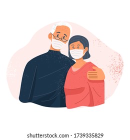 Old couple wearing face masks and hugging each other, Retired couple, Vector Illustration