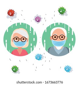 old couple wearing masker to avoid breathing smoke done by forest fire vector illustration design. Life and healthy element. Can be used for web and mobile development. Suitable for infographics