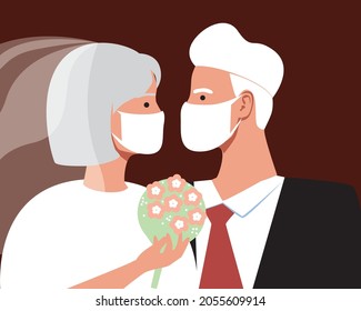 Old couple wedding, lockdown face mask. Flat vector stock illustration. Man and woman, wedding ceremony. Medical mask. Covid at the wedding. Vector graphics