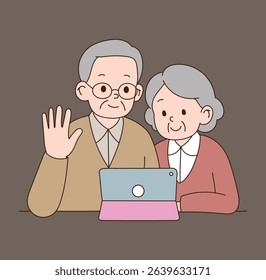 An old couple who use a laptop while looking at it together. minimal line illustration.
