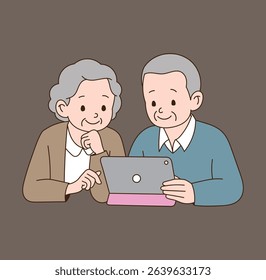 An old couple who use a laptop while looking at it together. minimal line illustration.