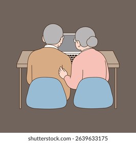 An old couple who use a laptop while looking at it together. minimal line illustration.