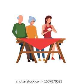 old couple and woman sitting on picnic table icon over white background, vector illustration