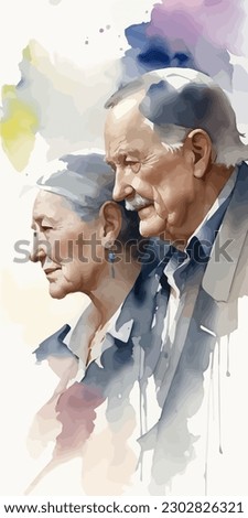 Old couple with wrinkles, watercolor, wet on wet technique and splashes, center, perfect composition, abstraction, surrealism
