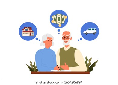 Old couple write a testament. Seniors man and woman draw a will. Retirement estate planning, property transfering, financial advisor and lawyer services concept. Isolated vector illustration