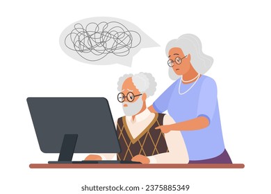 Viejos parejas problemas de computadora ilustraciones vectoriales. Caricatura aislada confundida anciana y mujer sentada en el escritorio frente al monitor con preocupación, ansiedad y hilo enredado sobre la cabeza de los abuelos