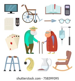 Old couples with different assistants tools for healthy life. Care couple elderly man and woman, support elements, vector illustration