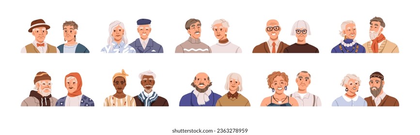 Old couples set. Happy elderly man and woman, face avatars. Senior aged people, married spouses, wife and husband. Grandparents portraits. Flat vector illustrations isolated on white background