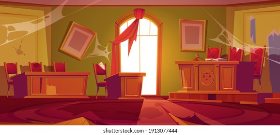 Old courtroom interior with broken judge table with hammer and mess. Vector cartoon illustration of abandoned room in courthouse with garbage, spiderweb, dirty and torn furniture