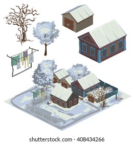 Old courtyard in winter. Vector illustration.