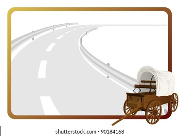 An old covered wagon in the background of a frame with an asphalt road