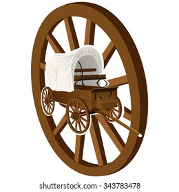 The old covered wagon in the background of a wooden wheel. The illustration on a white background.