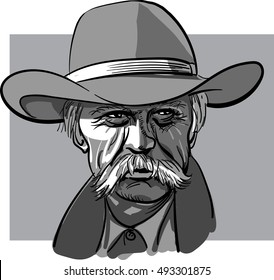 Old Cowboy With A Hat Vector Illustration