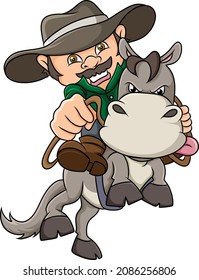 The old cowboy is riding a donkey in the desert of illustration