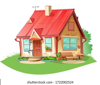 Old cozy rural house. Vector is isolated on a white background. Village, suburb. Fairytale cute cartoon home. Flat detailed style. Beautiful building.