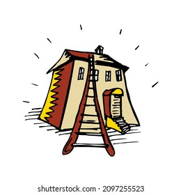 Old cozy rural house. Vector is isolated on a white background. Village, suburb. Fairytale cute cartoon home. Flat detailed style. Beautiful building.