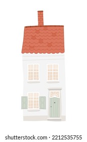 Old cozy two-story European house with a tiled roof and window with shutters isolated on white background. Vector illustration