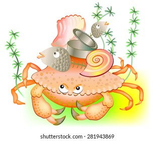 Old crab guarding his stuff, vector cartoon image