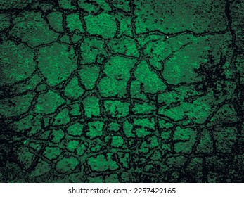 Old cracked asphalt, big green vector grunge background created by nature. Unique wallpaper. For screen, desktop, website design, overlay, stencil, stylization, design, polygraph. Good texture