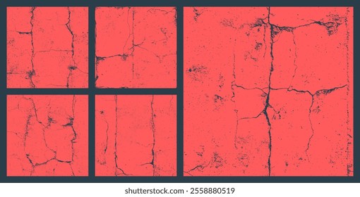 Old Cracked Concrete Wall Subtle Seamless Texture Set Abstract Vector Red Background. Grungy Distressed Boundless Texture. Broken Textured Material Endless Grunge Abstraction. Loopable Design Elements